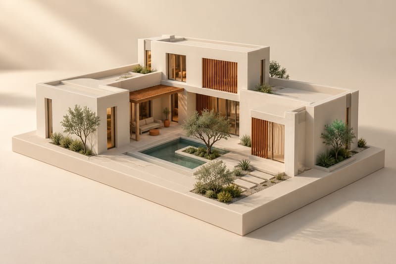 ORKA 3D-printed courtyard villa architectural scale model with pool, pergola and landscaping