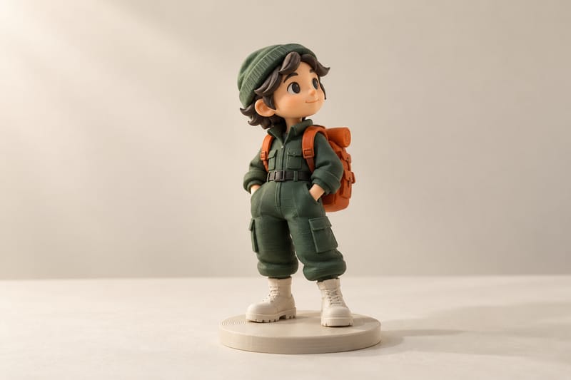 ORKA 3D-printed collectible figure of an explorer in green overalls with an orange backpack