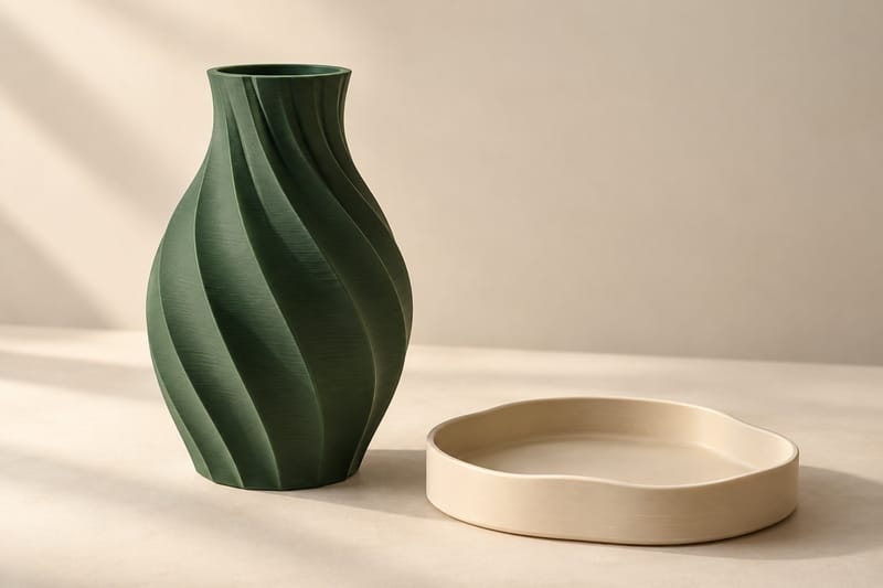 ORKA 3D-printed forest-green spiral-ribbed vase with an ivory wavy-edged tray