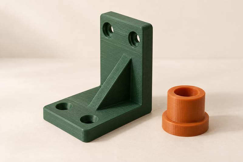 ORKA 3D-printed forest-green gusseted L-bracket beside an orange flanged bushing adapter