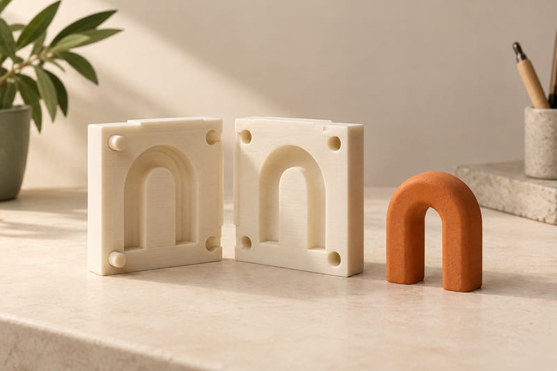 ORKA 3D-printed two-part ivory arch mold beside the burnt-orange arch cast from it